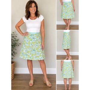 Rafaella Women Size 8 Floral A-Line Skirt Green Blue Cotton Blend Side Zip
